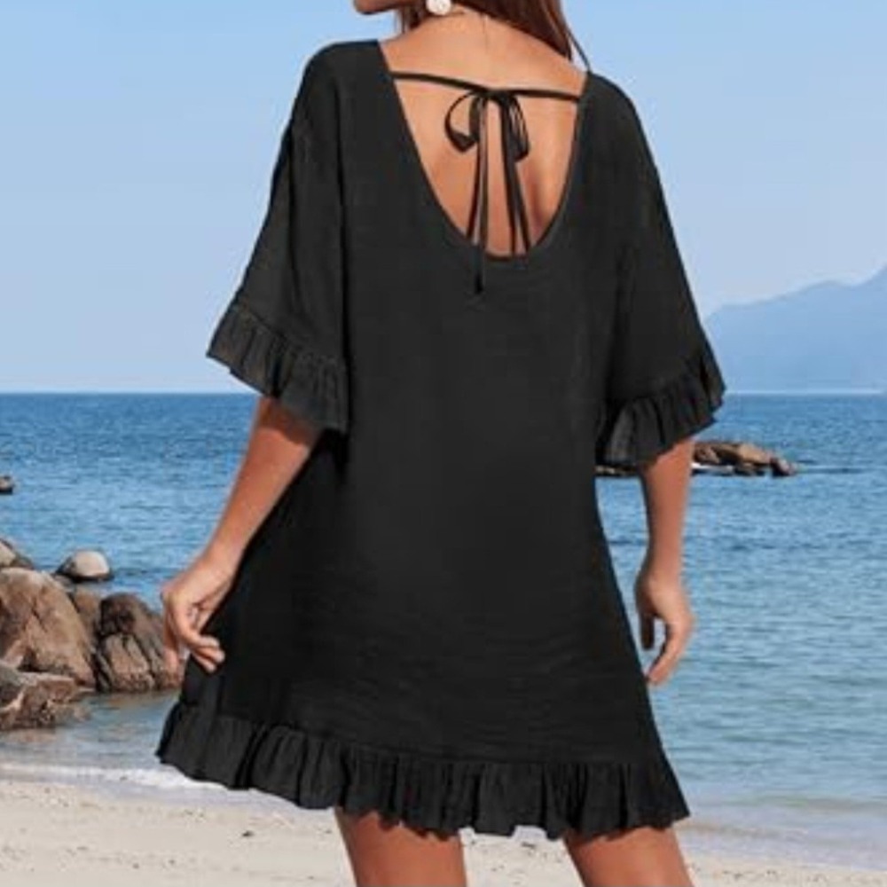 Ekouaer Black Ruffle Hem Swim Cover Up Dress Tie Back XXL New - Picture 2 of 8